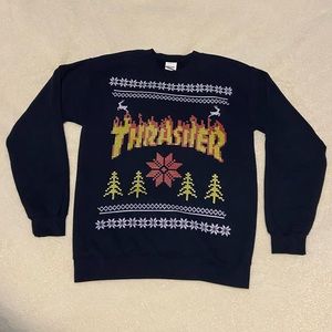 THRASHER 🎄Christmas Crewneck Sweatshirt NAVY SKATEBOARD Holiday 🛹